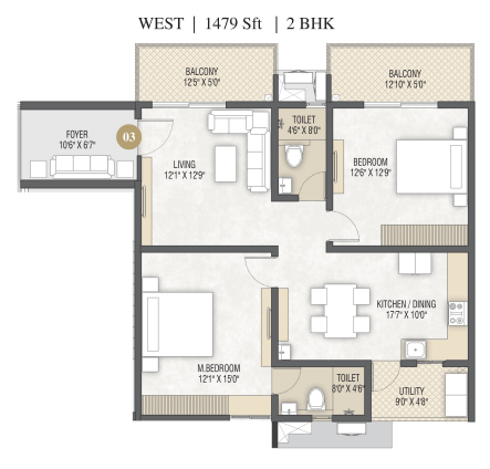 2 BHK — West Facing, 1,479 Sft