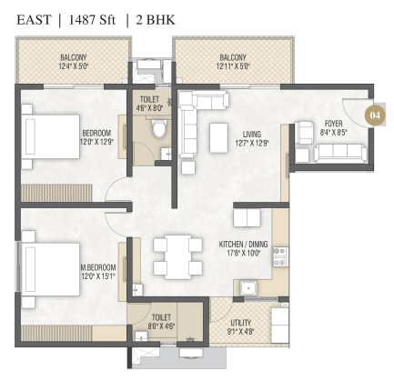 2 BHK — East Facing, 1,487 Sft