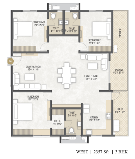 3 BHK — West Facing, 2,357 Sft