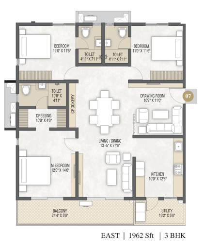 3 BHK — East Facing, 1,962 Sft